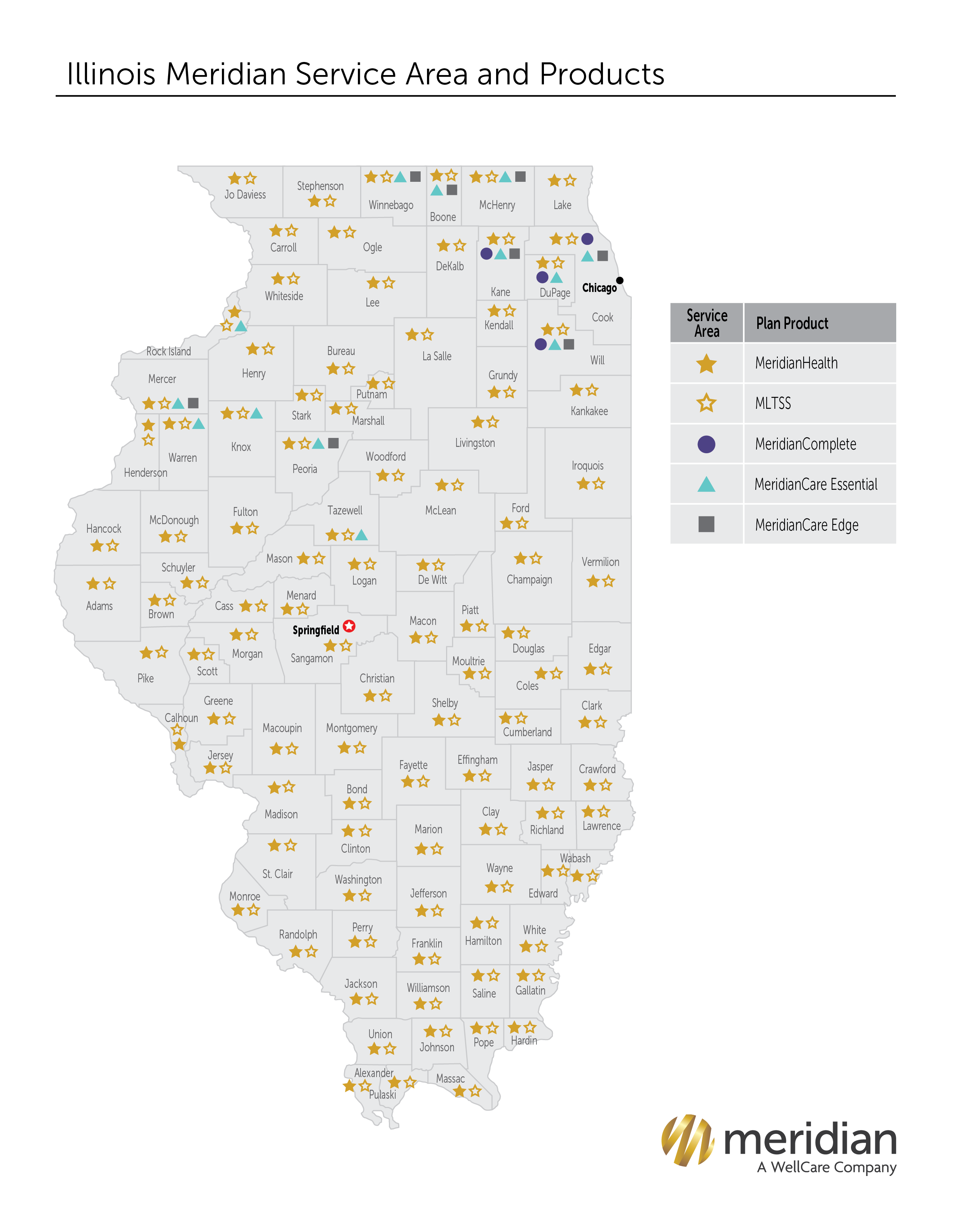 Mapa del área de servicio y los productos de Illinois Meridian. La descripción del mapa se encuentra a continuación.